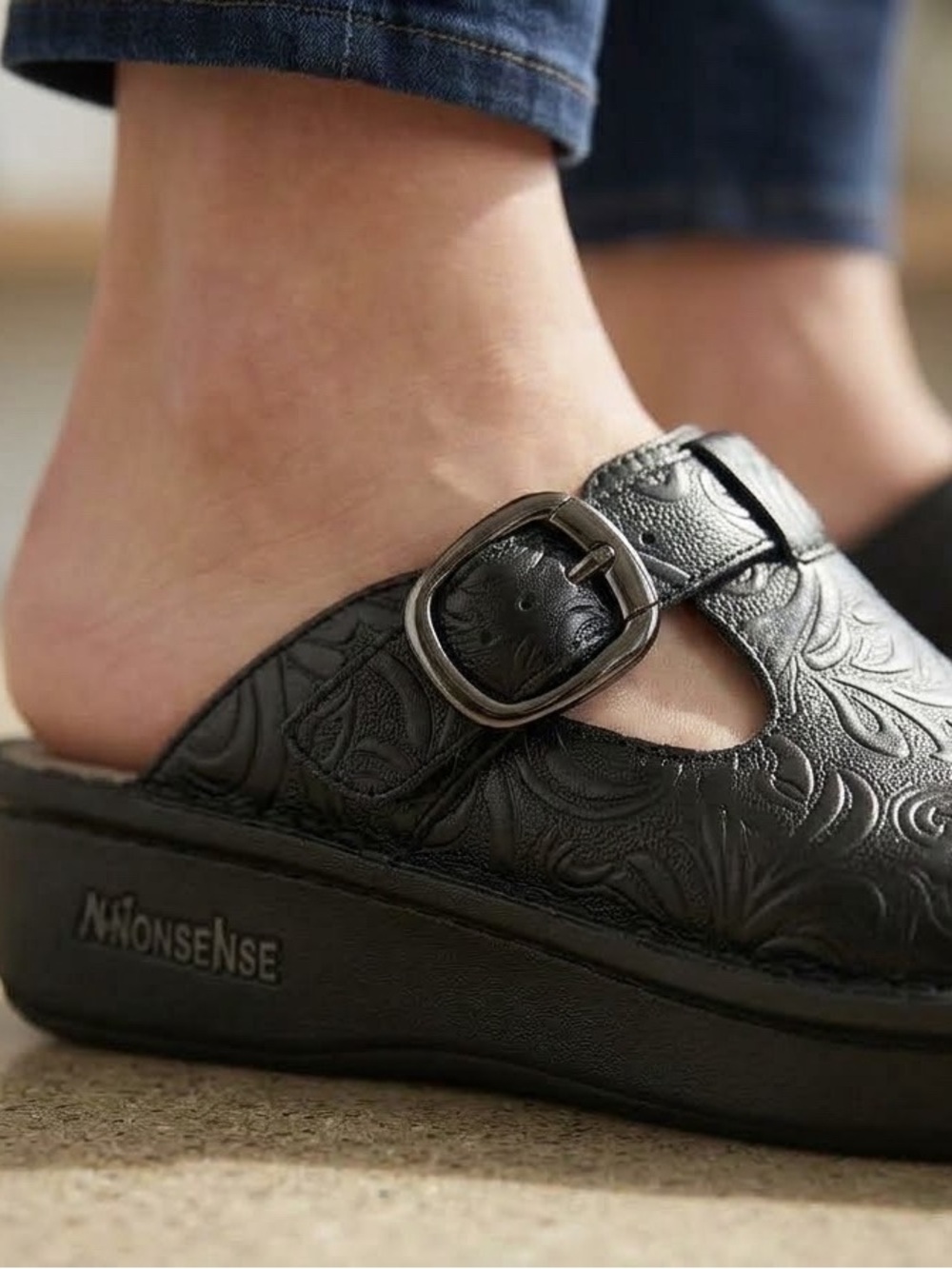 Alegria Black Embossed Mule with Buckle